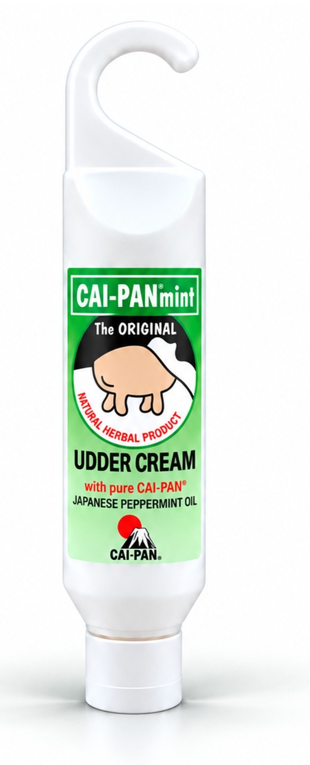 CAI-PAN®mint original udder cream in its white hanging bottle with green label